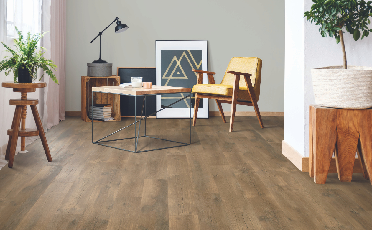 Laminate flooring in casual, minimalist office space 